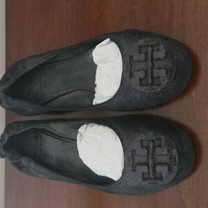 Tory Burch Reva Black Metallic Heron Ballet Flat Suede Sz 9.5 Shoes